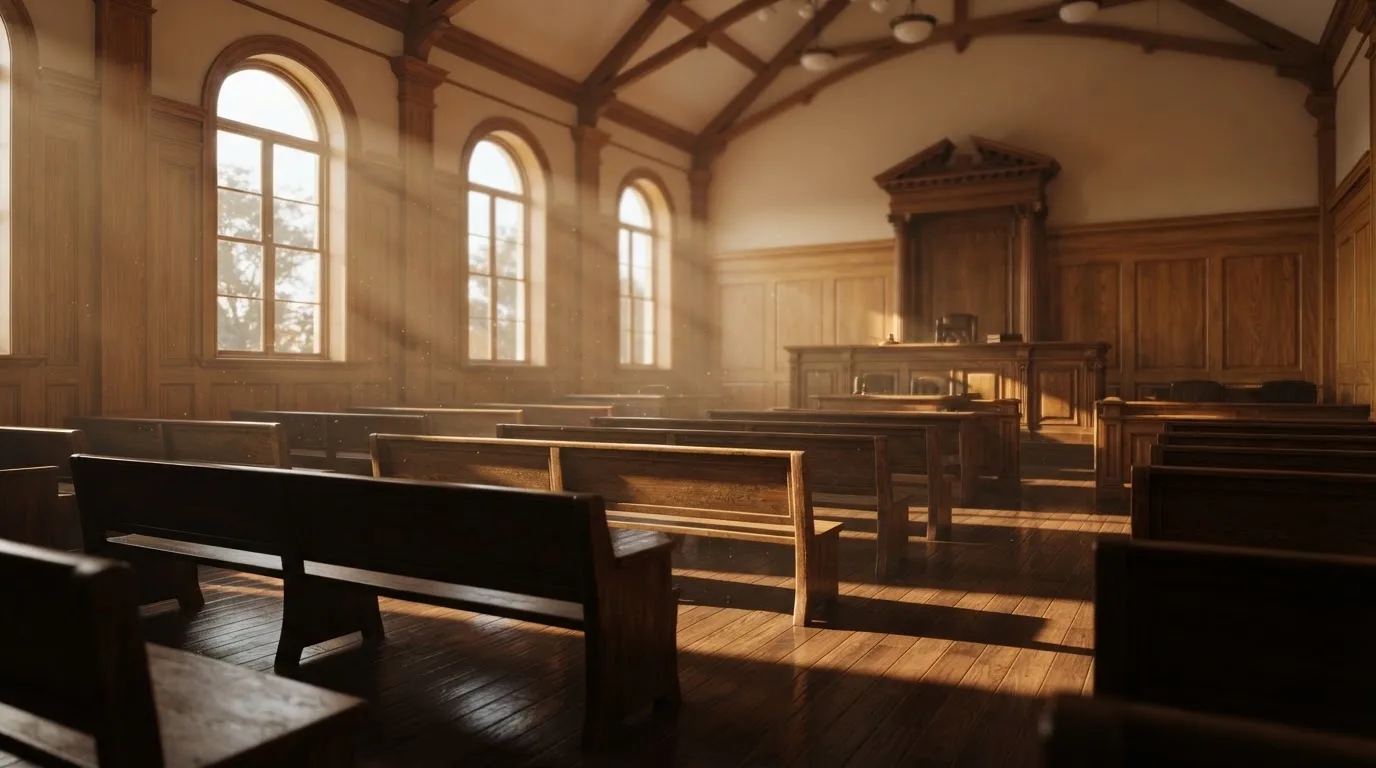 An empty courtroom with wooden benches in morning light