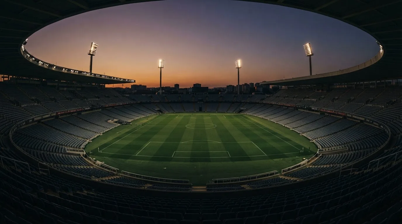 An empty football stadium with floodlight masts at dusk
