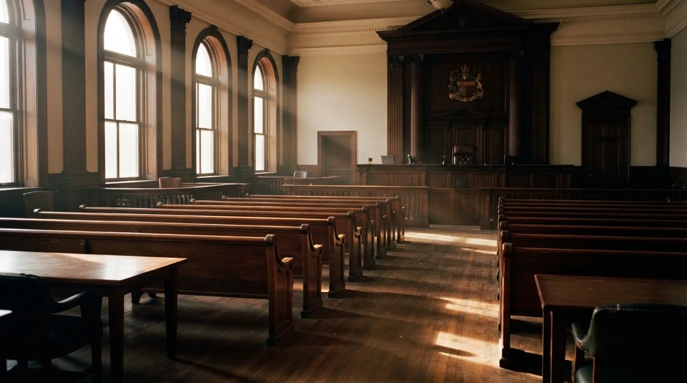 An empty courtroom with wooden benches in morning light