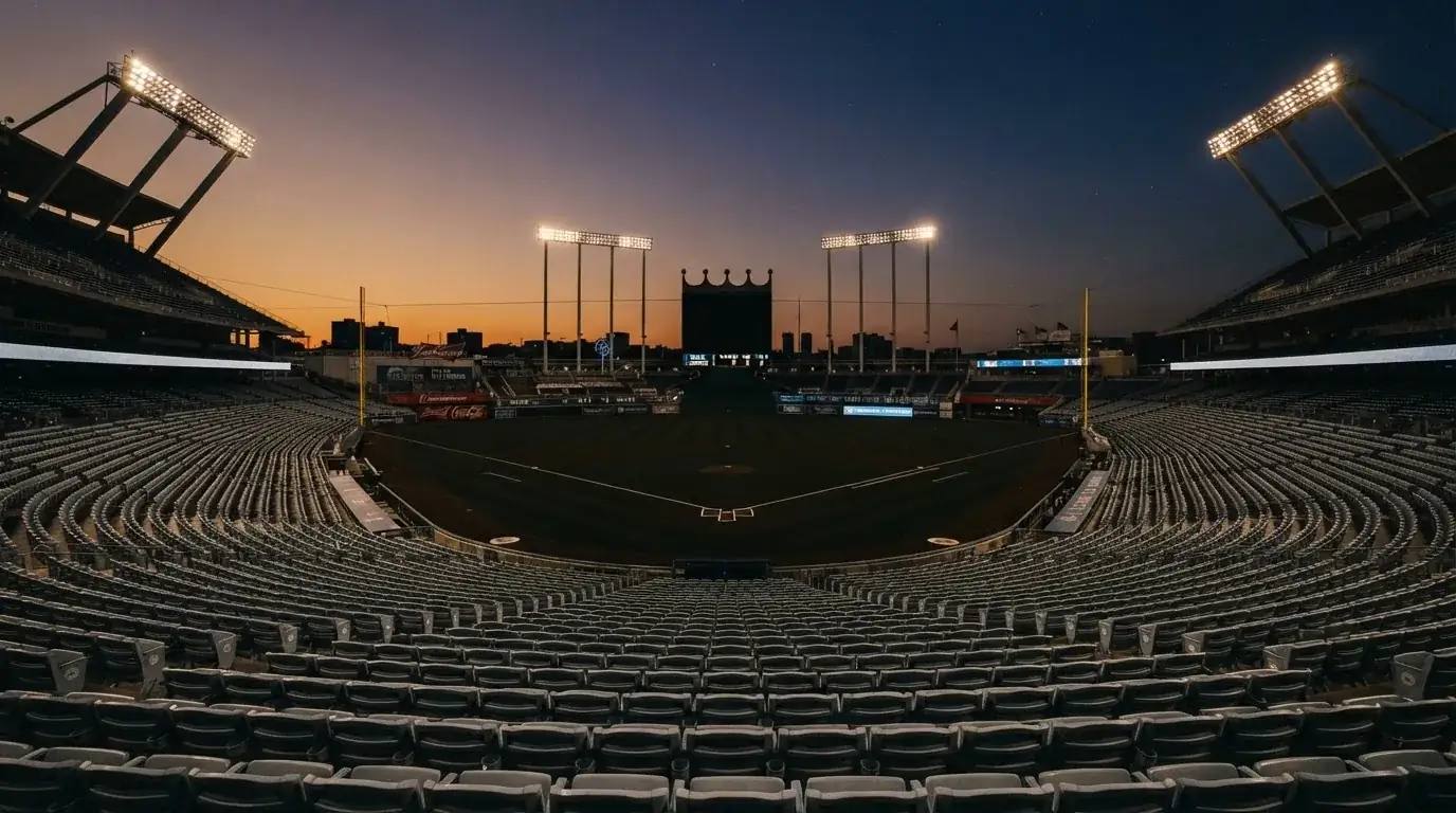 An empty football stadium with floodlight masts at dusk
