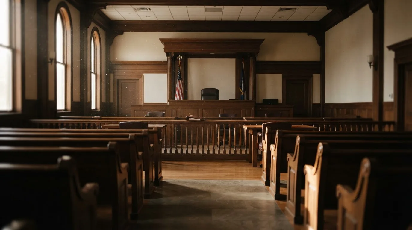 An empty courtroom with wooden benches in morning light