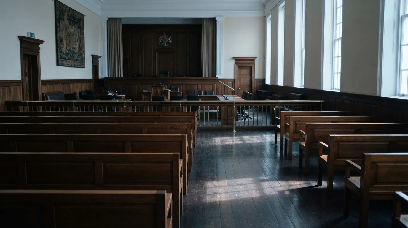 An empty courtroom with wooden benches in morning light