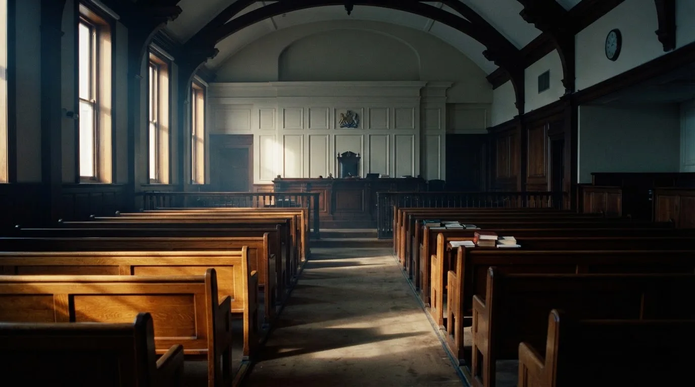 An empty courtroom with wooden benches in morning light