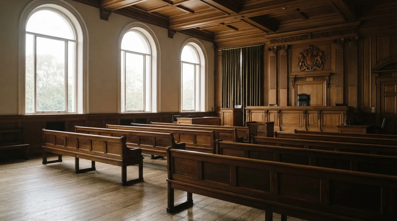 An empty courtroom with wooden benches in morning light