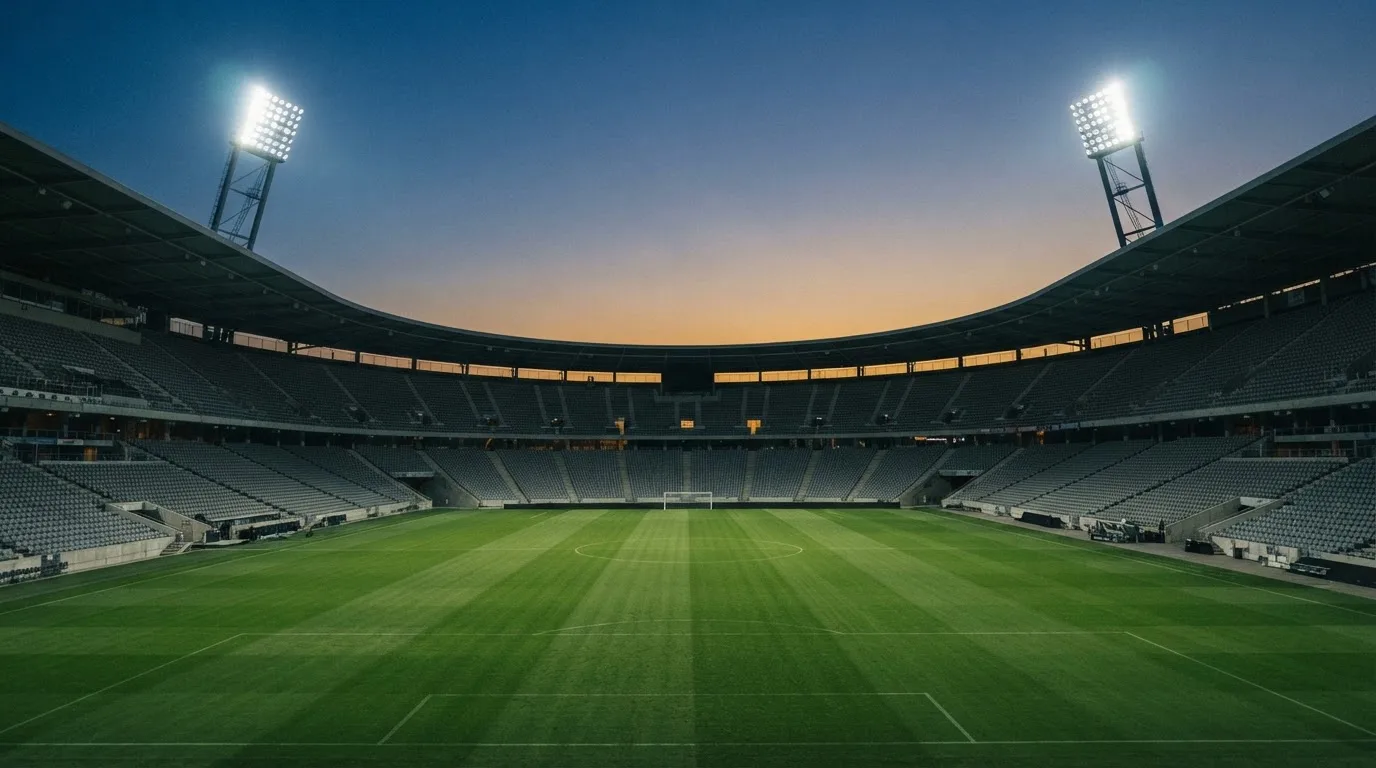 An empty football stadium with floodlight masts at dusk