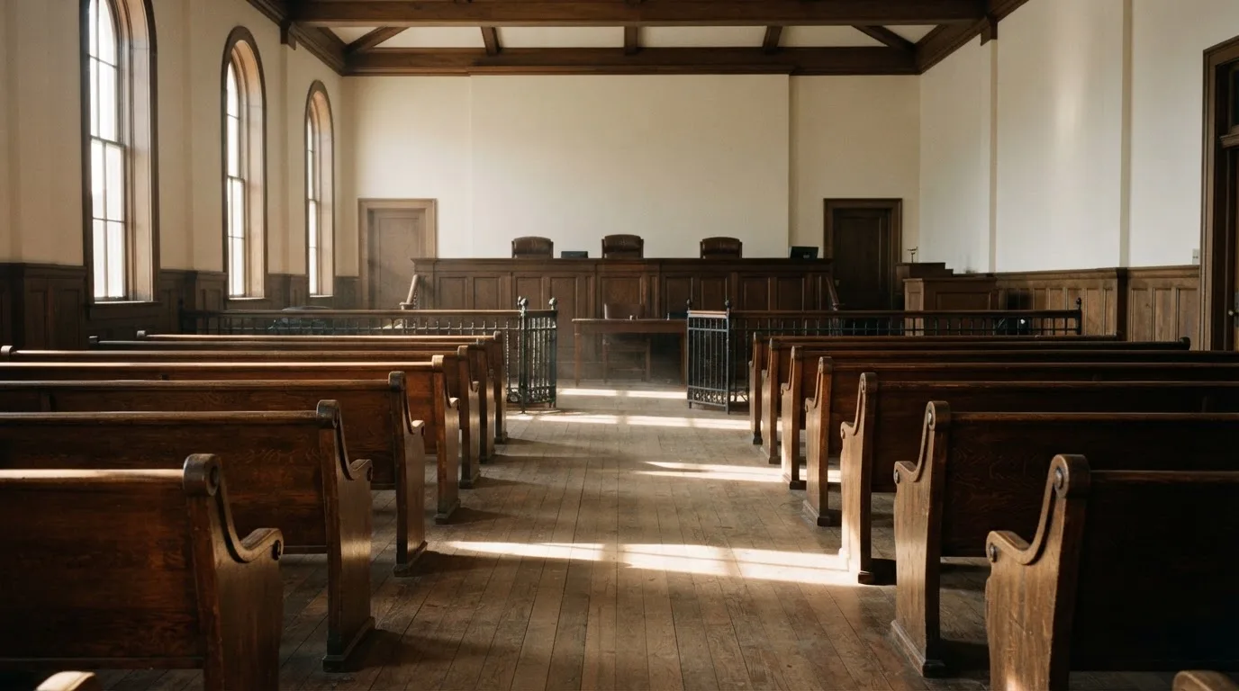 An empty courtroom with wooden benches in morning light