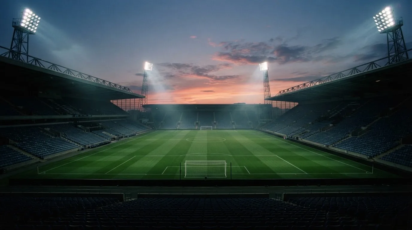 An empty football stadium with floodlight masts at dusk