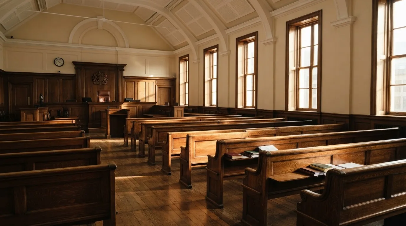 An empty courtroom with wooden benches in morning light