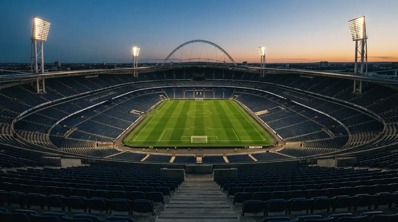 An empty football stadium with floodlight masts at dusk