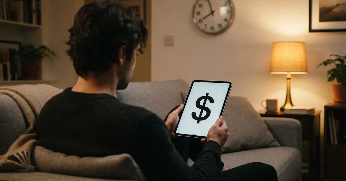 A person on a sofa looking thoughtfully at a tablet, a wall clock in the background