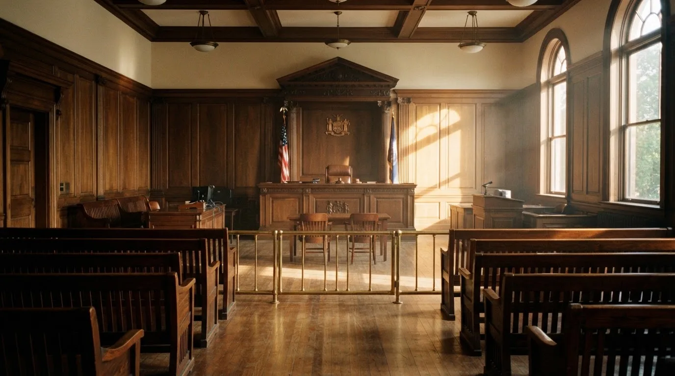 An empty courtroom with wooden benches in morning light