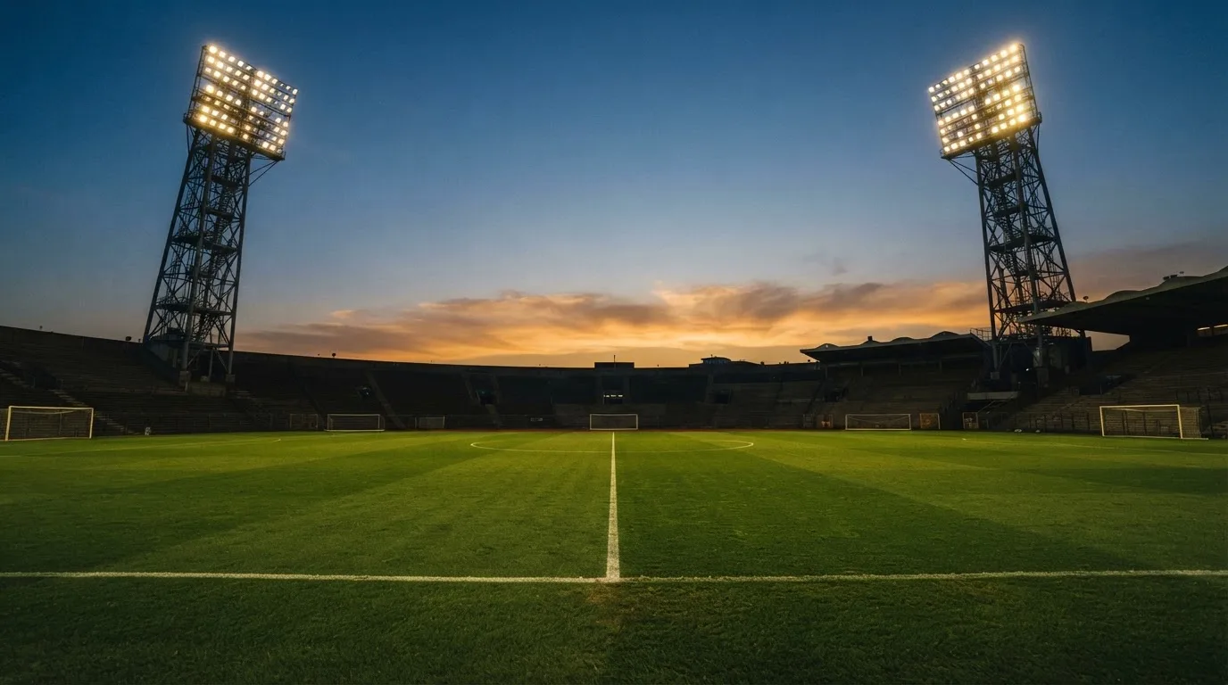 An empty football stadium with floodlight masts at dusk