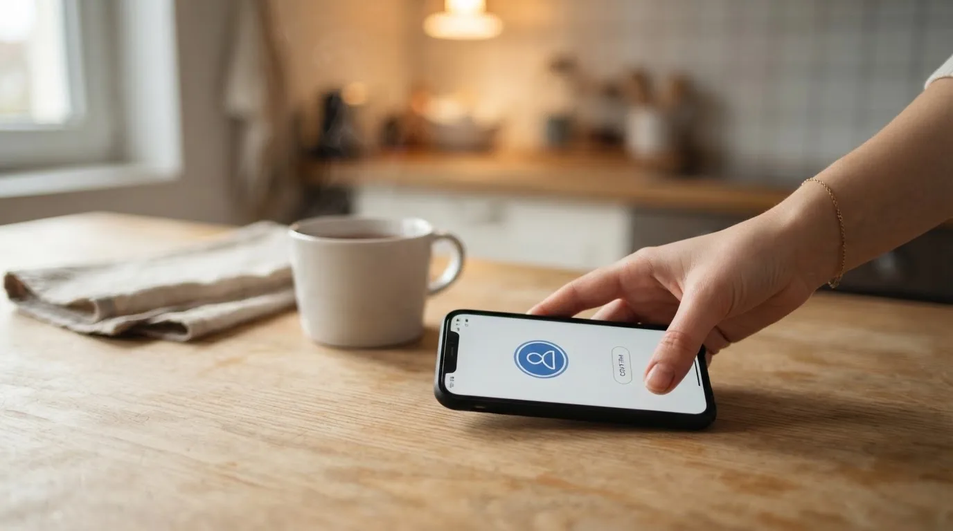 A hand setting a smartphone down beside a cup of tea on a kitchen table on a quiet evening
