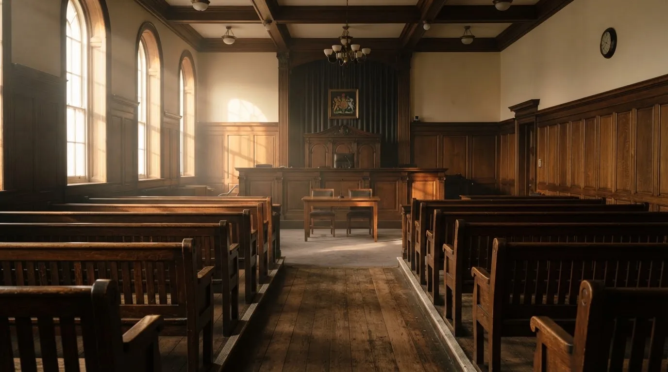 An empty courtroom with wooden benches in morning light