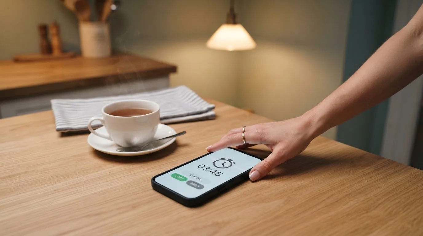 A hand setting a smartphone down beside a cup of tea on a kitchen table on a quiet evening
