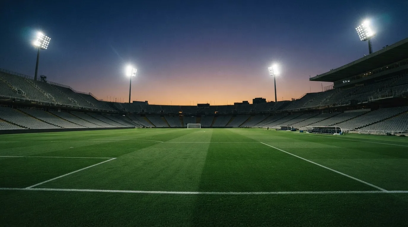 An empty football stadium with floodlight masts at dusk
