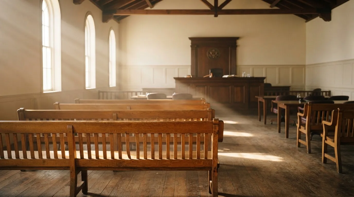 An empty courtroom with wooden benches in morning light