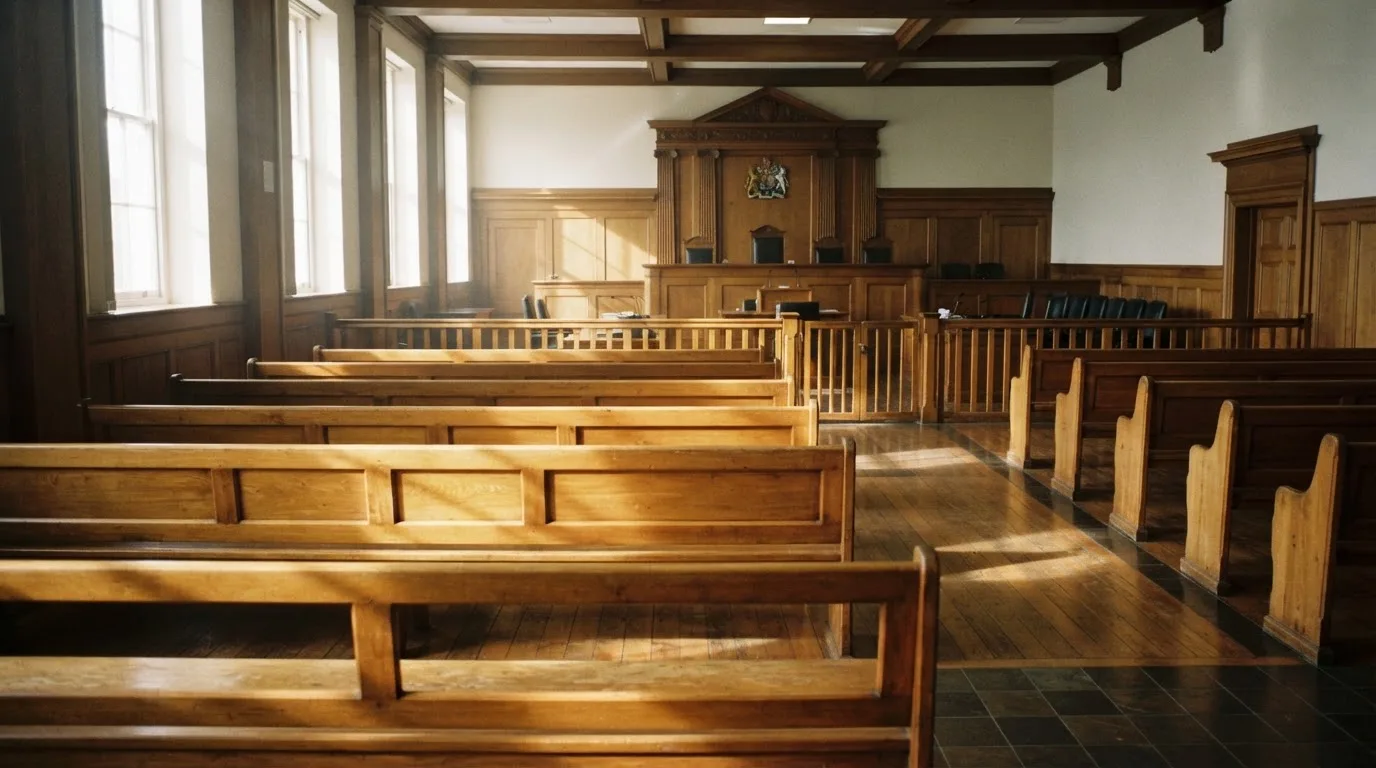 An empty courtroom with wooden benches in morning light