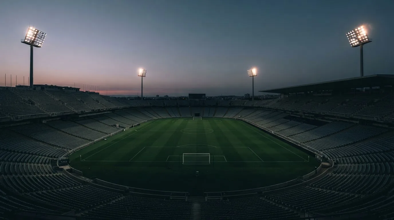 An empty football stadium with floodlight masts at dusk