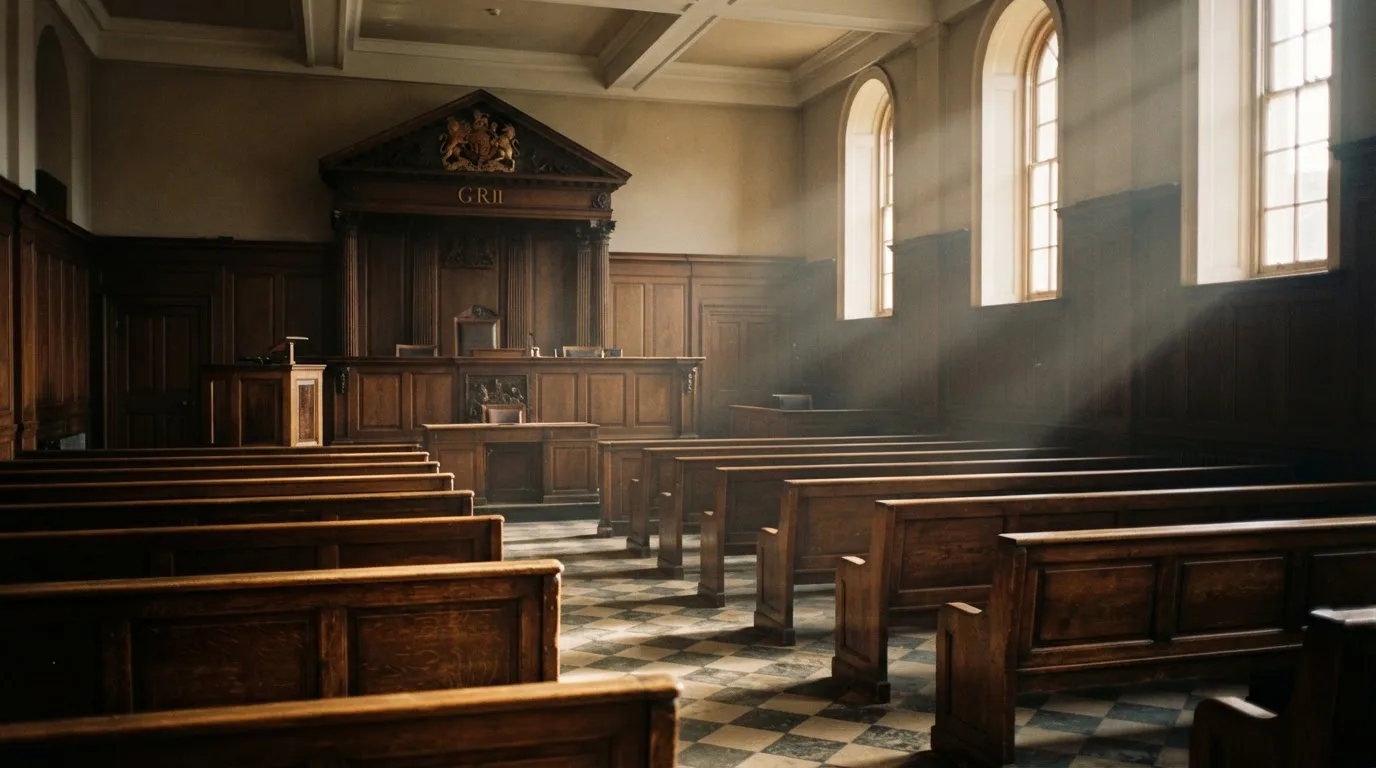 An empty courtroom with wooden benches in morning light