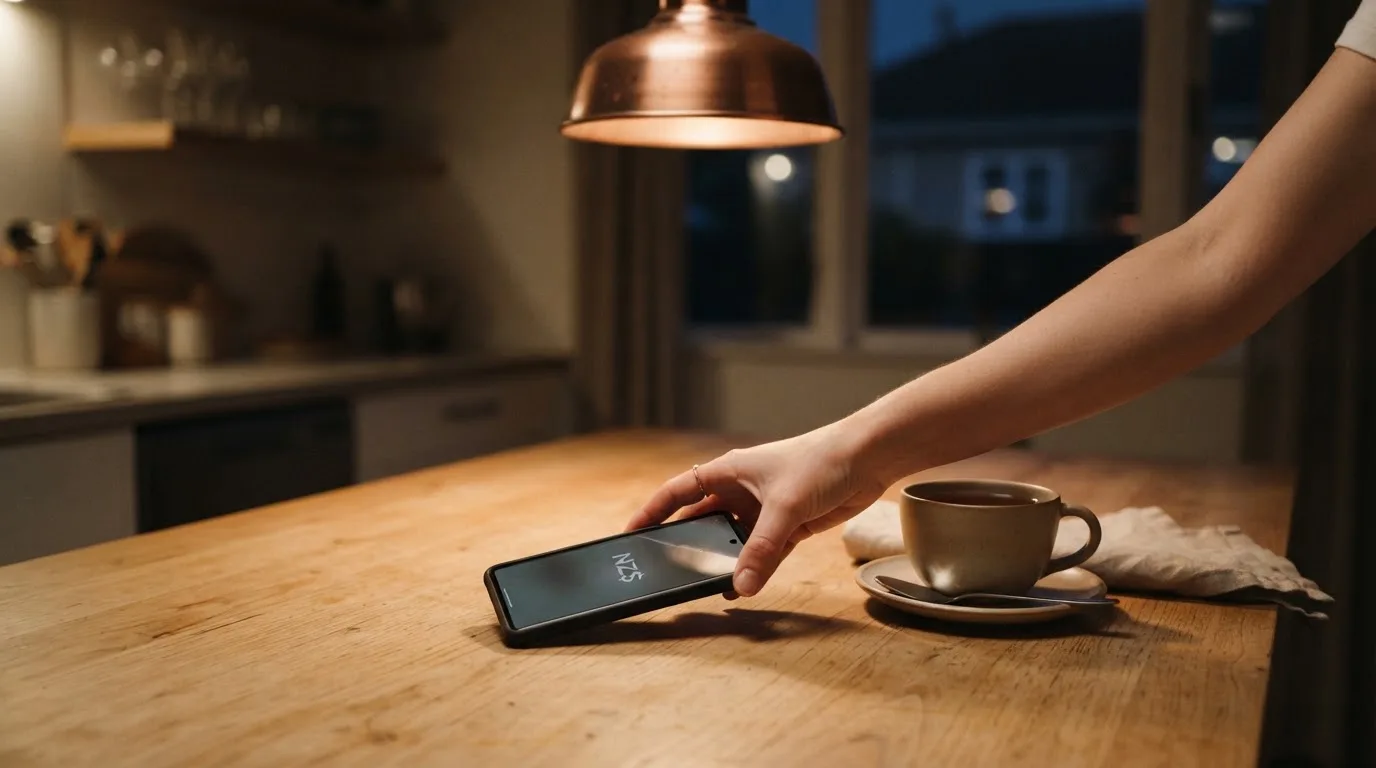 A hand setting a smartphone down beside a cup of tea on a kitchen table on a quiet evening