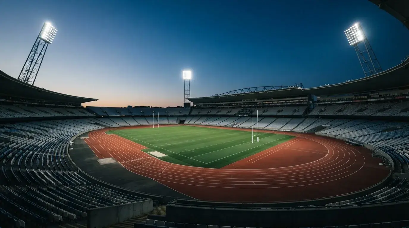 An empty football stadium with floodlight masts at dusk