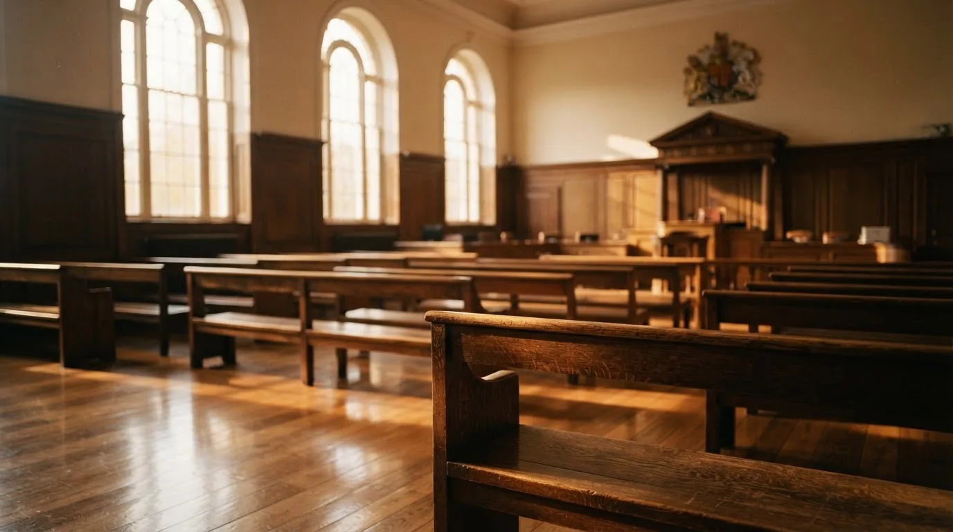 An empty courtroom with wooden benches in morning light