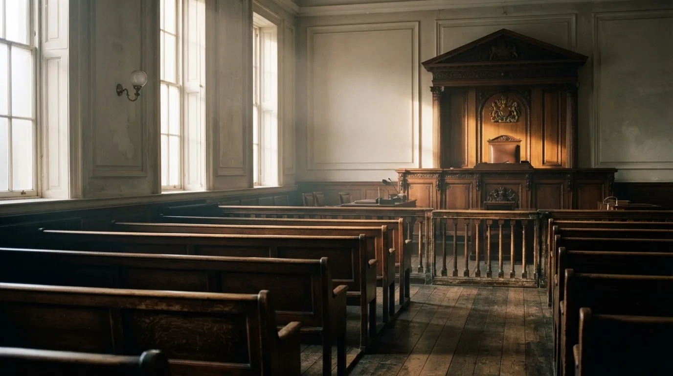 An empty courtroom with wooden benches in morning light