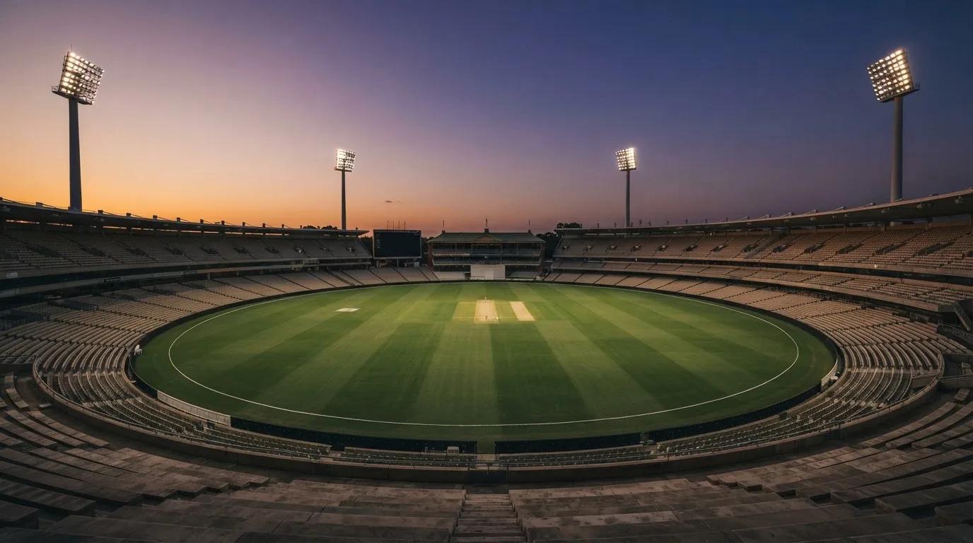 An empty football stadium with floodlight masts at dusk