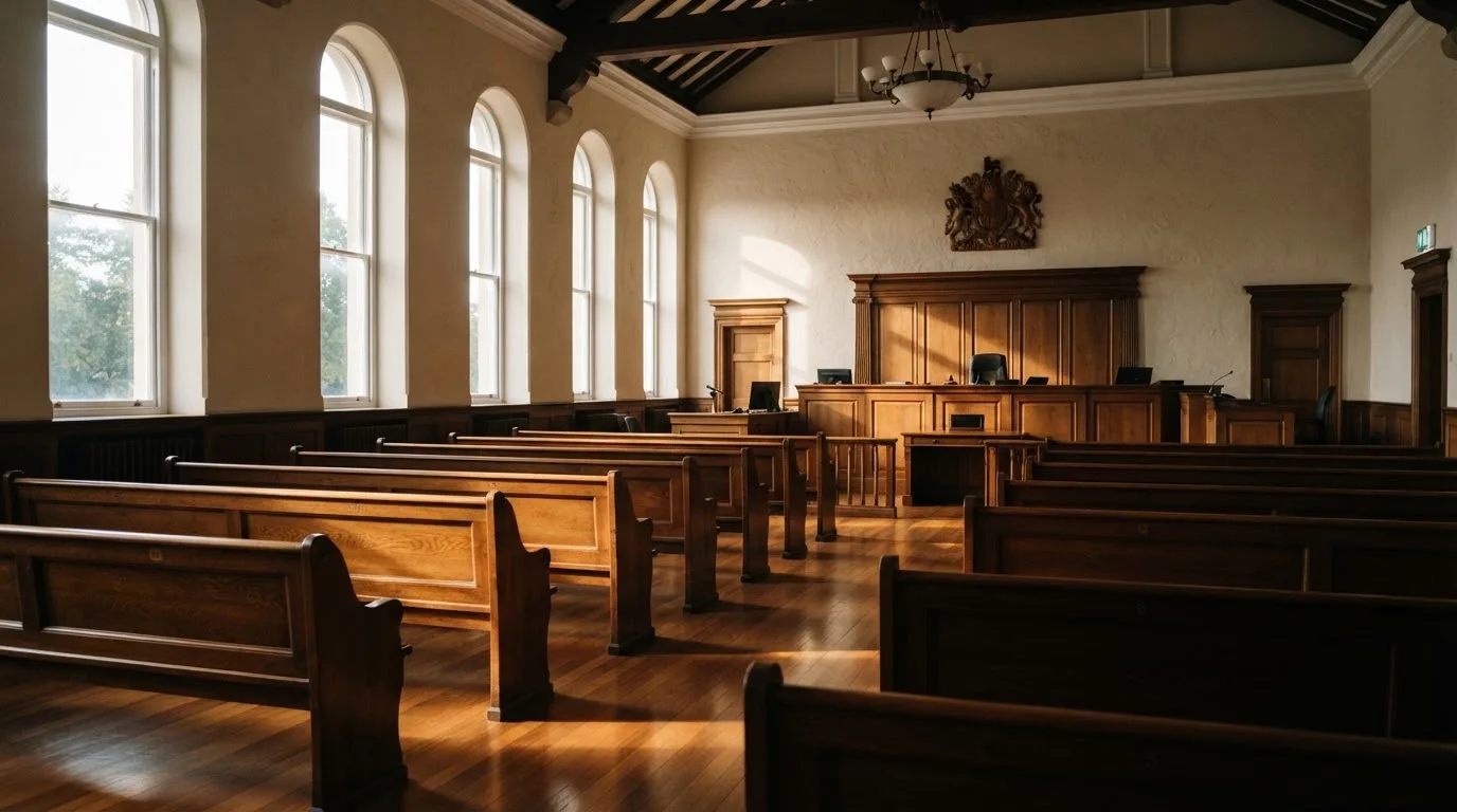 An empty courtroom with wooden benches in morning light