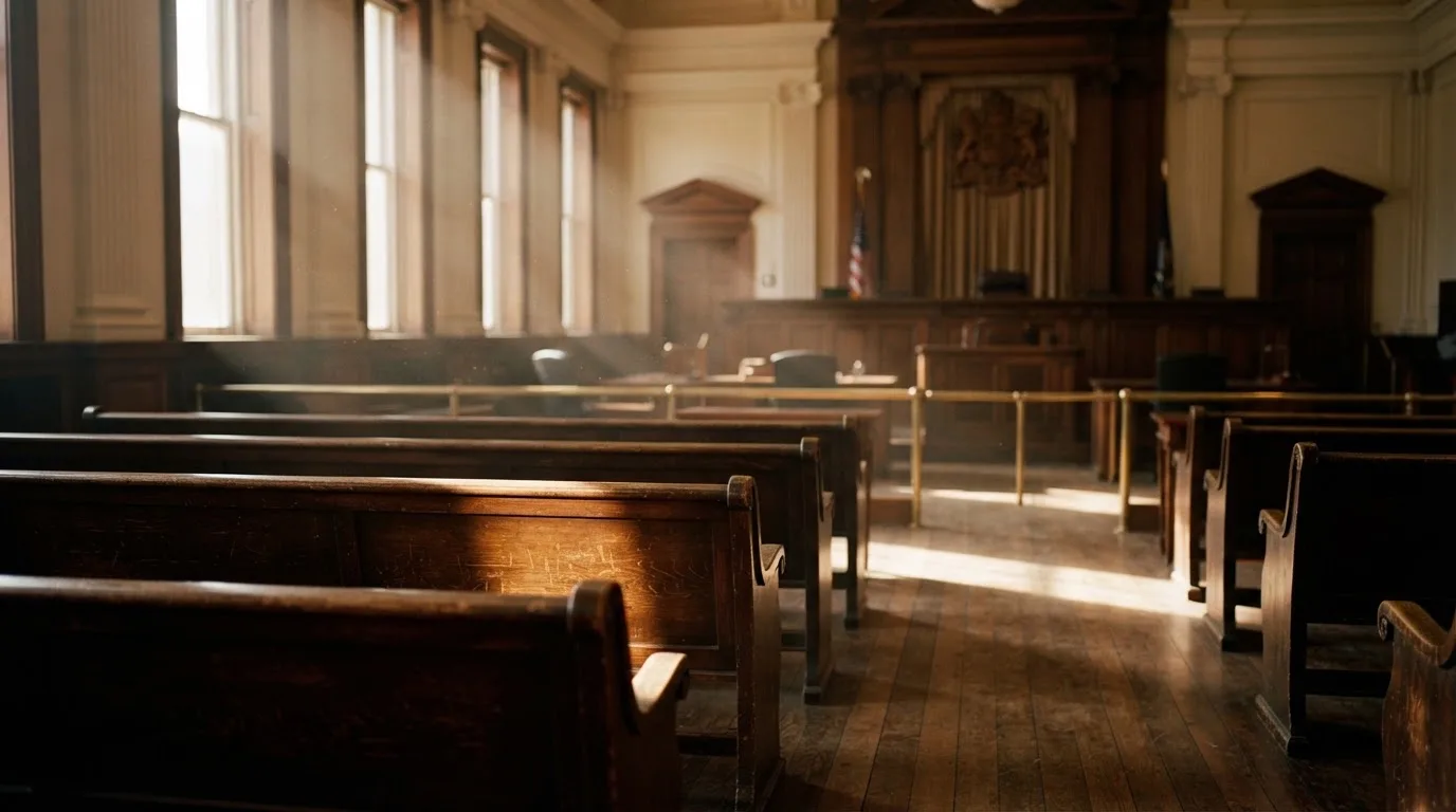 An empty courtroom with wooden benches in morning light