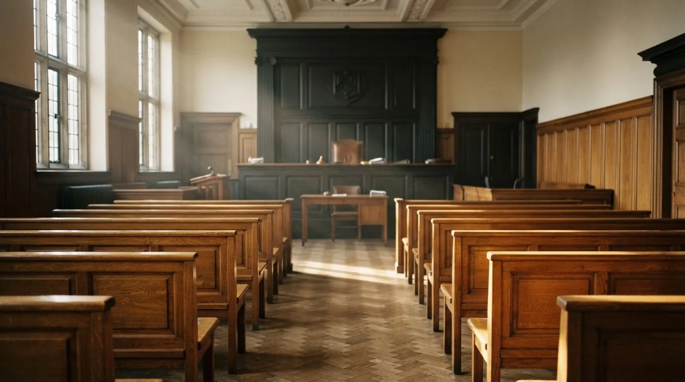 An empty courtroom with wooden benches in morning light