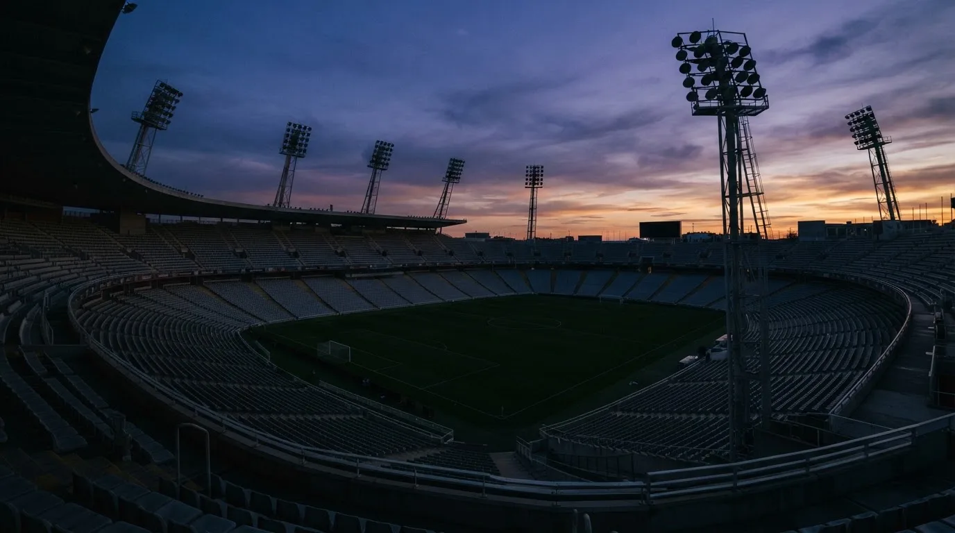 An empty football stadium with floodlight masts at dusk