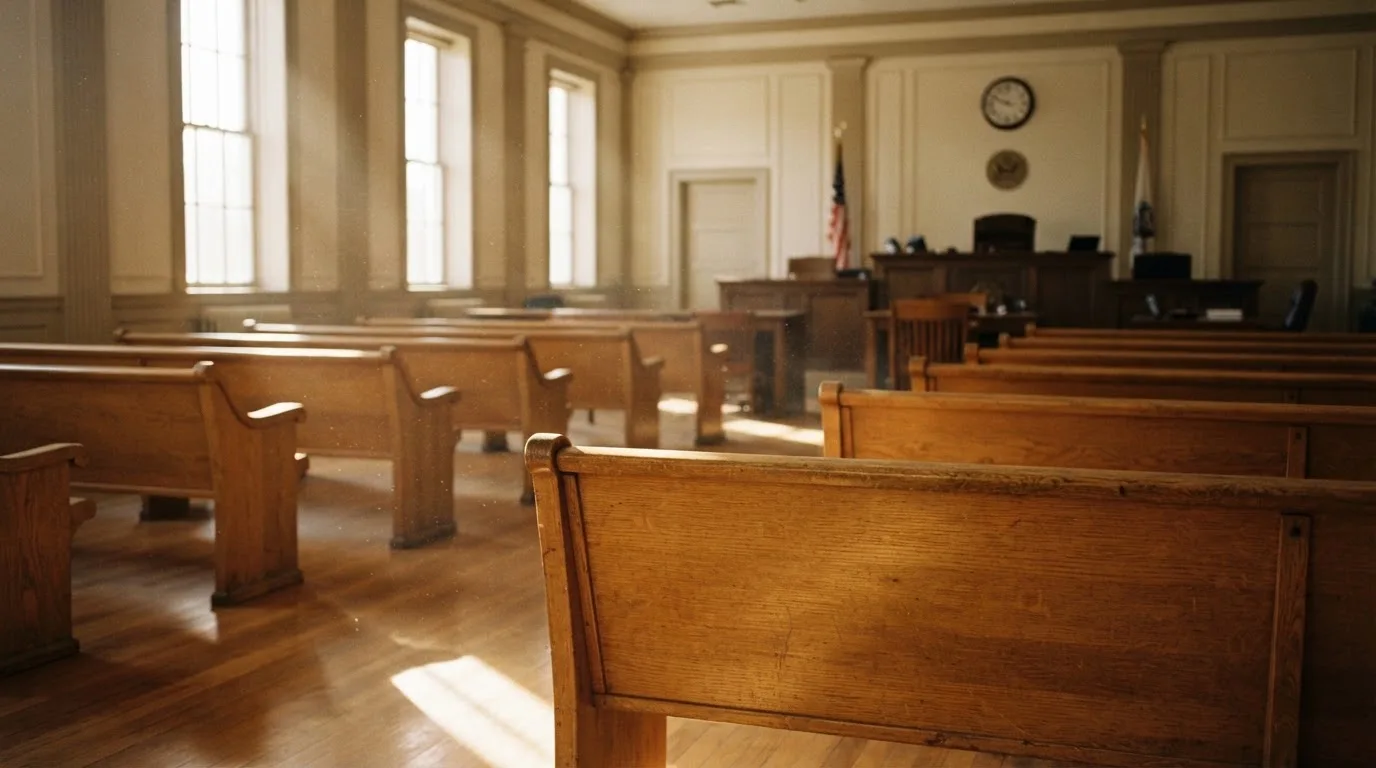 An empty courtroom with wooden benches in morning light