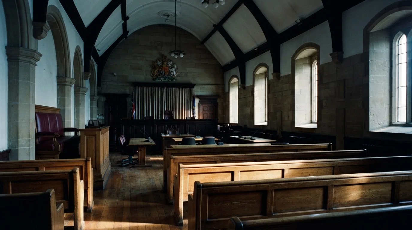 An empty courtroom with wooden benches in morning light