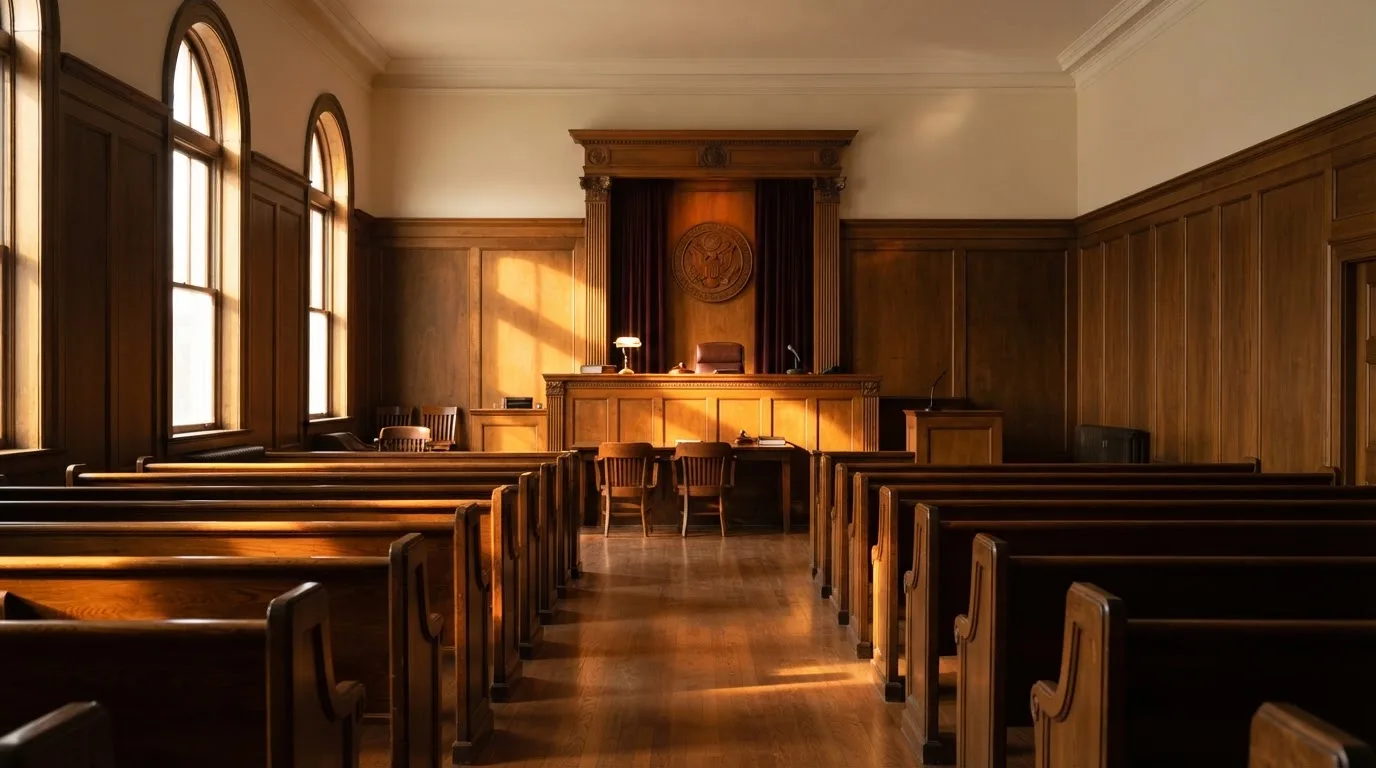 An empty courtroom with wooden benches in morning light