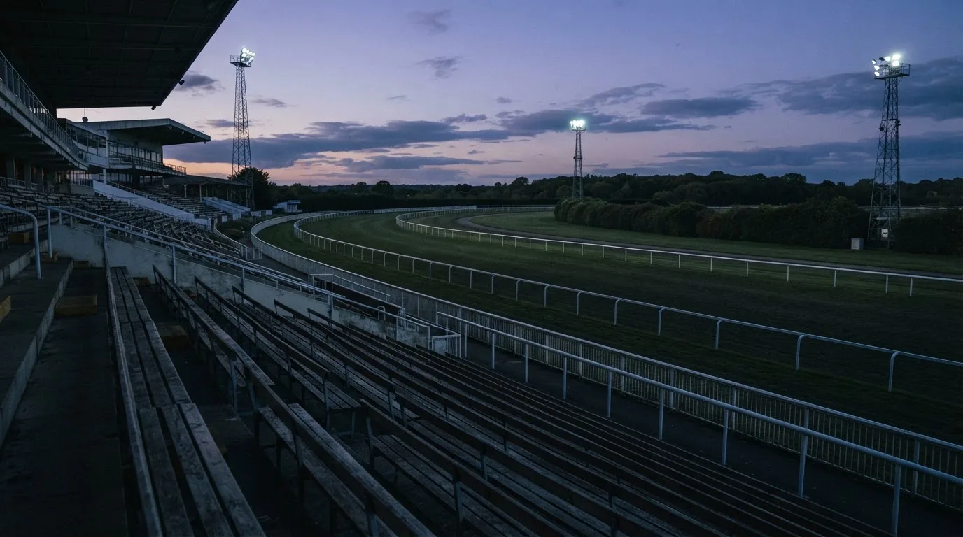 An empty football stadium with floodlight masts at dusk