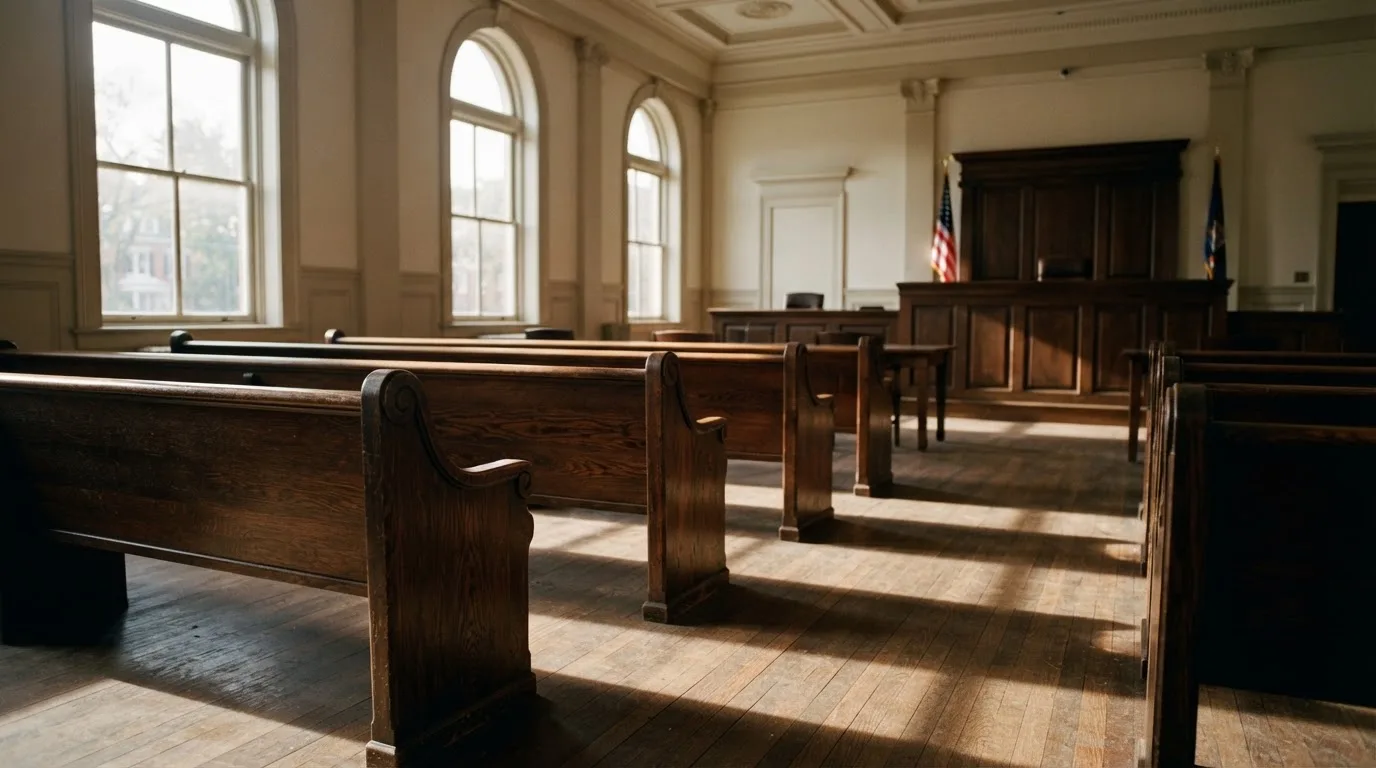 An empty courtroom with wooden benches in morning light