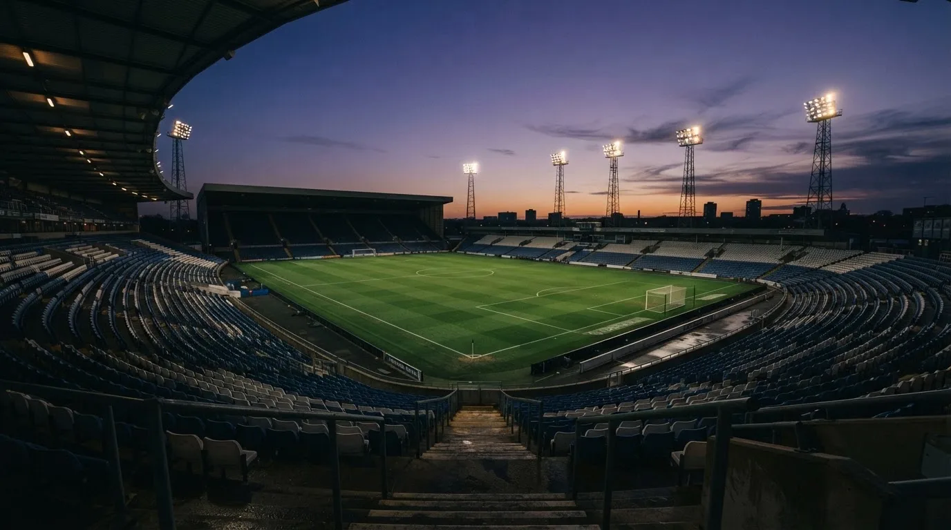An empty football stadium with floodlight masts at dusk