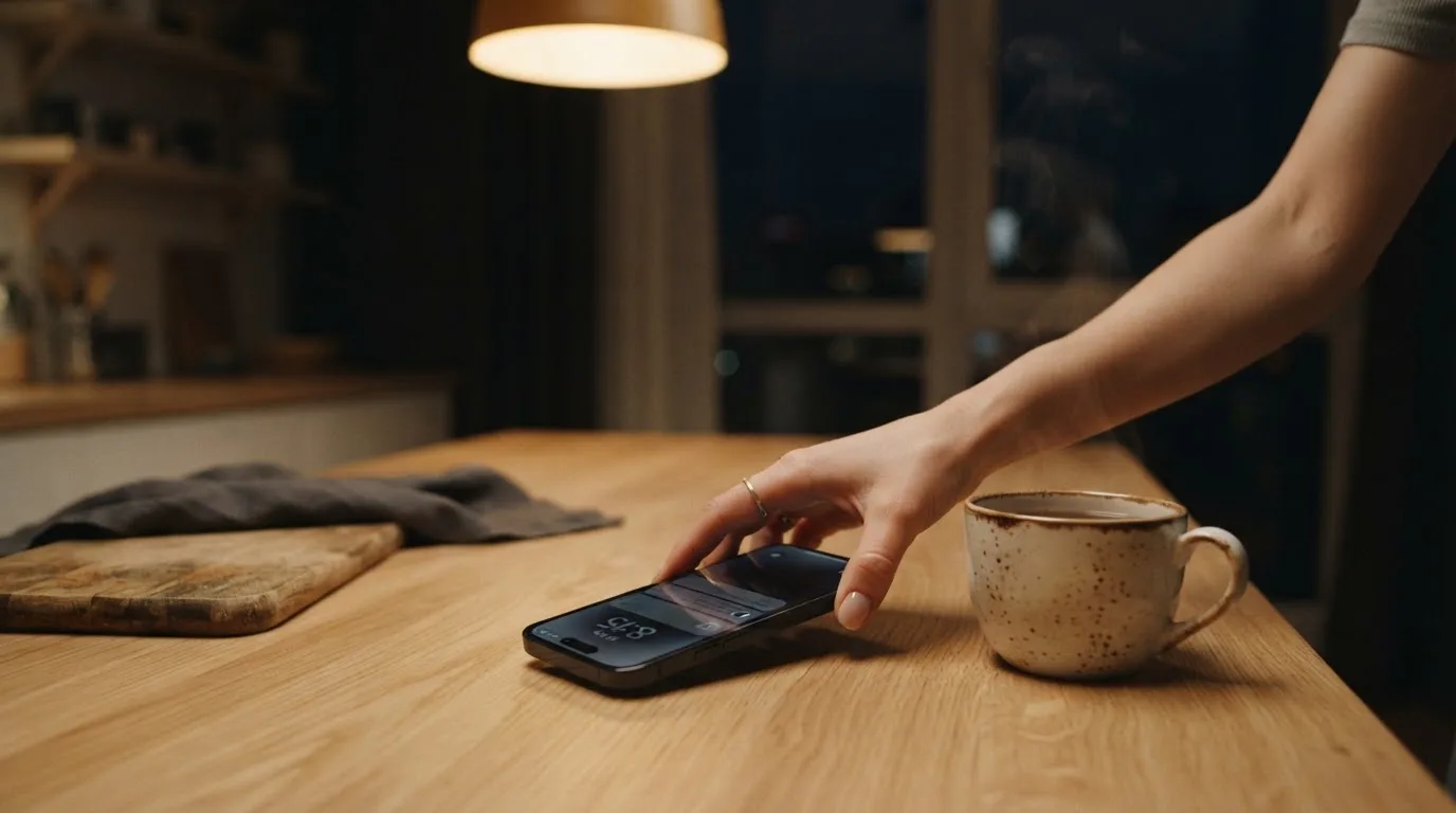 A hand setting a smartphone down beside a cup of tea on a kitchen table on a quiet evening