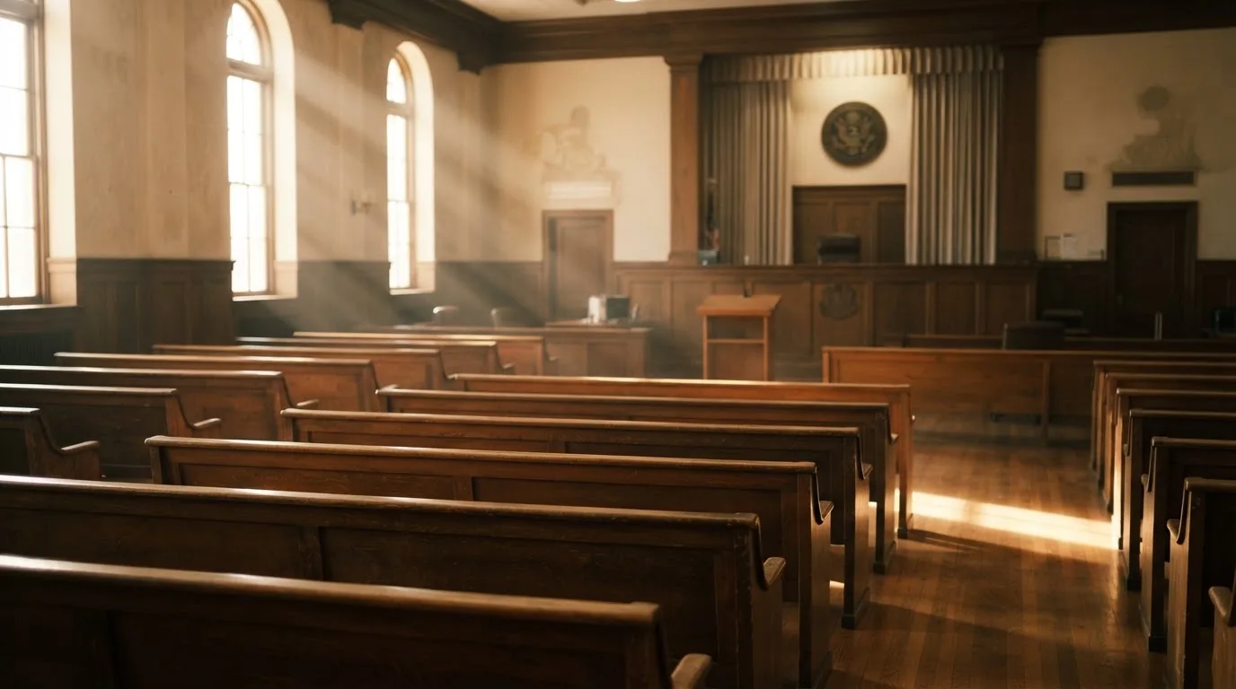 An empty courtroom with wooden benches in morning light