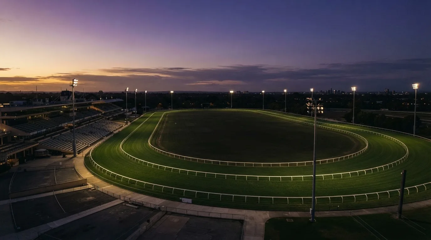 An empty football stadium with floodlight masts at dusk
