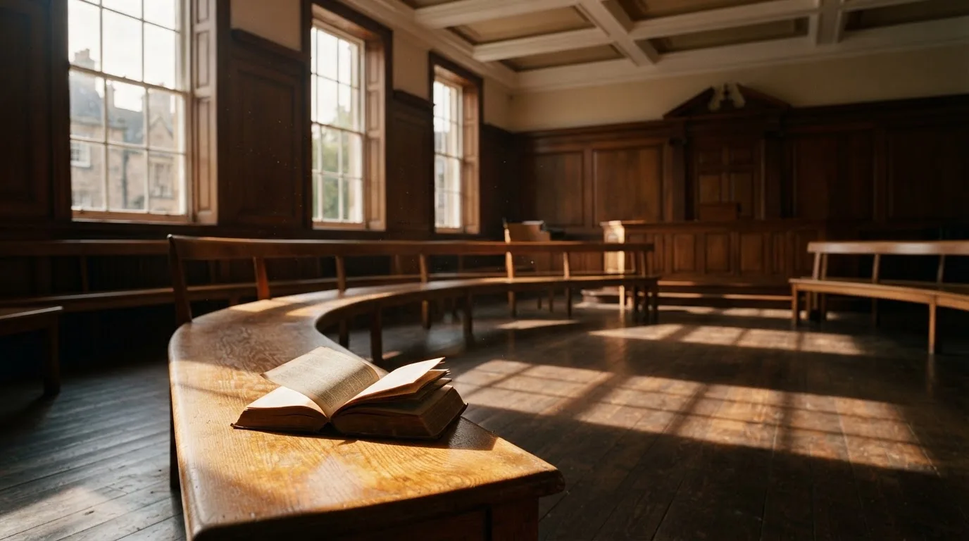 An empty courtroom with wooden benches in morning light