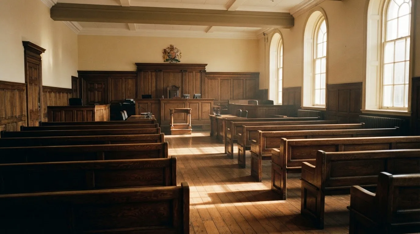 An empty courtroom with wooden benches in morning light