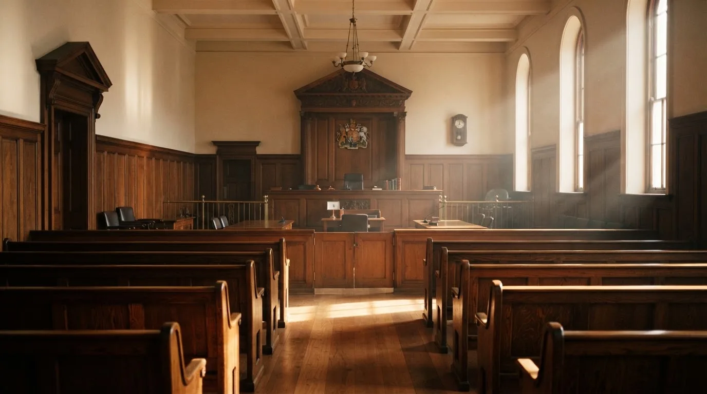An empty courtroom with wooden benches in morning light