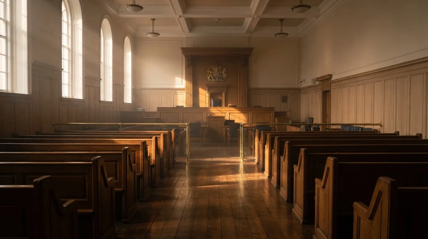 An empty courtroom with wooden benches in morning light