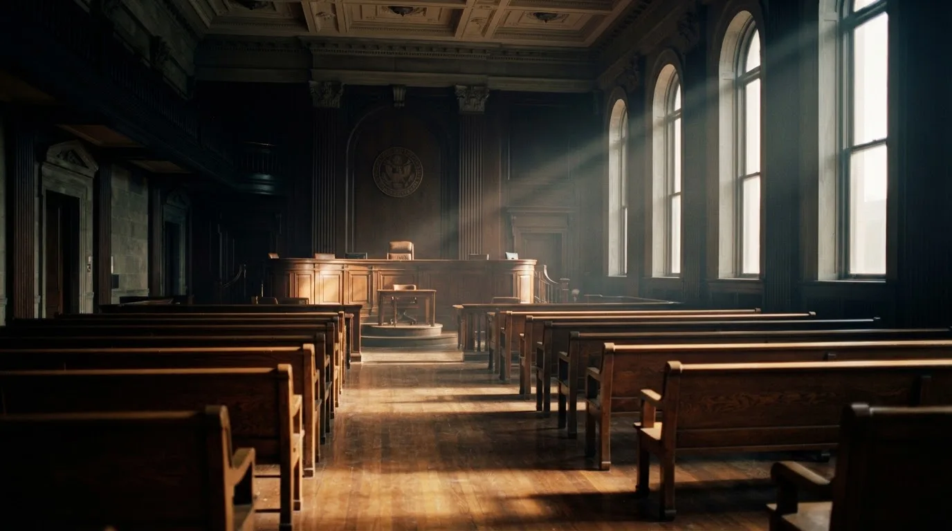 An empty courtroom with wooden benches in morning light